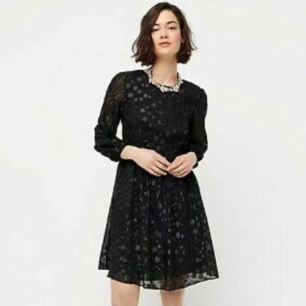 NWT J. Crew Black A-Line Dress in Metallic Dot Jacquard Size 00